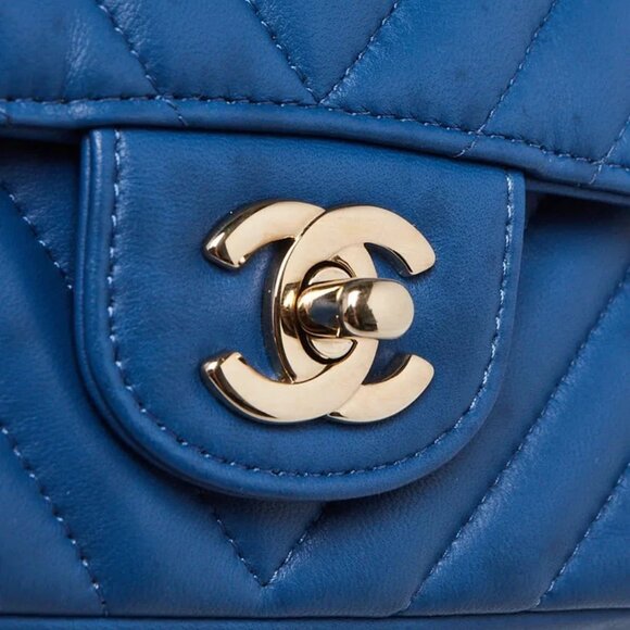 Chanel Blue Chevron Quilted Lambskin Leather Classic Mini Rectangular Bag - Picture 6 of 12